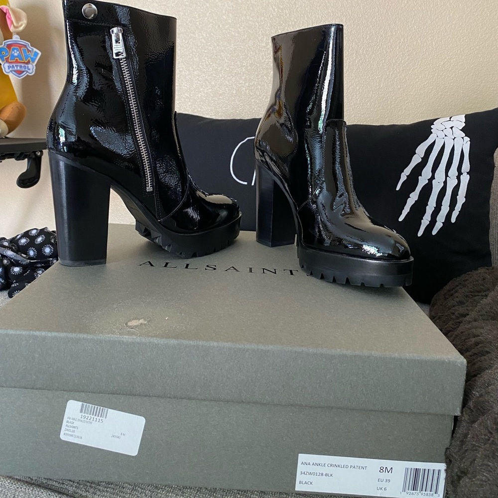 ALL SAINTS Ana Ankle Crinkled Patent Booties